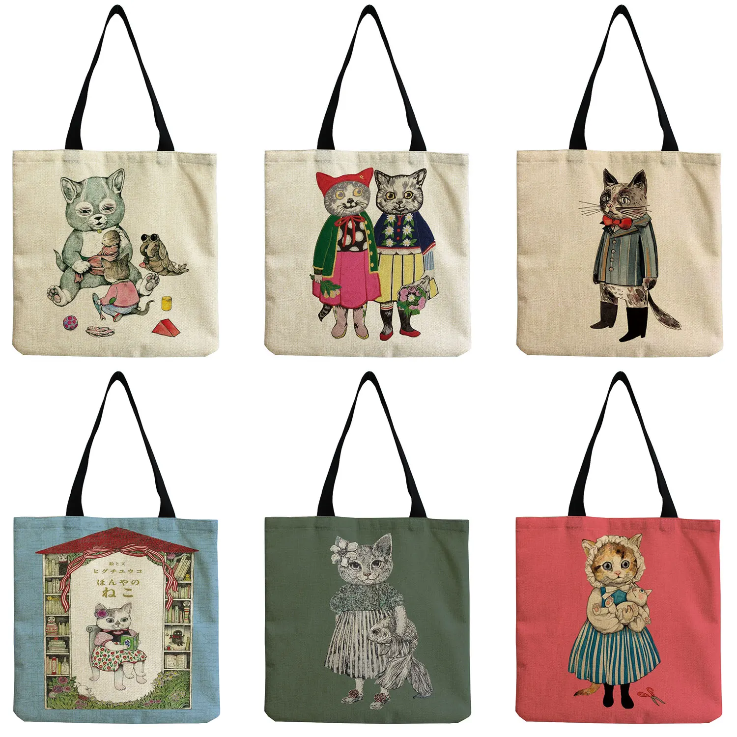 High Capacity Eco Friendly Fashion Print Tote Bag Foldable Cartoon Cat Man Travel Beach Handbags For Women Shoulder Bag Portable