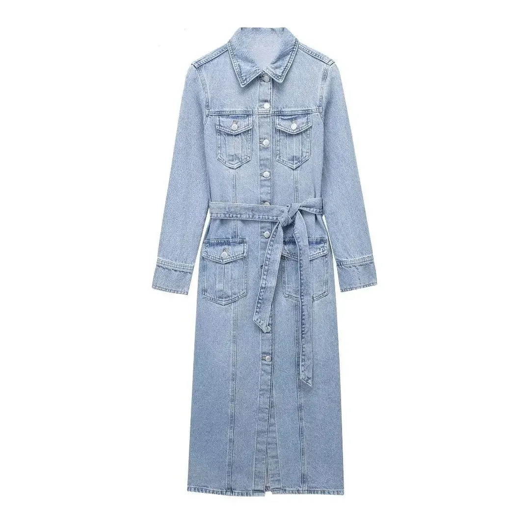 Lente Herfst Vrouwen Denim Jurk Lange Mouwen Turn-Down Kraag Lange Jurk Met Riem Mode Effen Zakken Enkele Rij Knopen Jurken - afbeelding 2