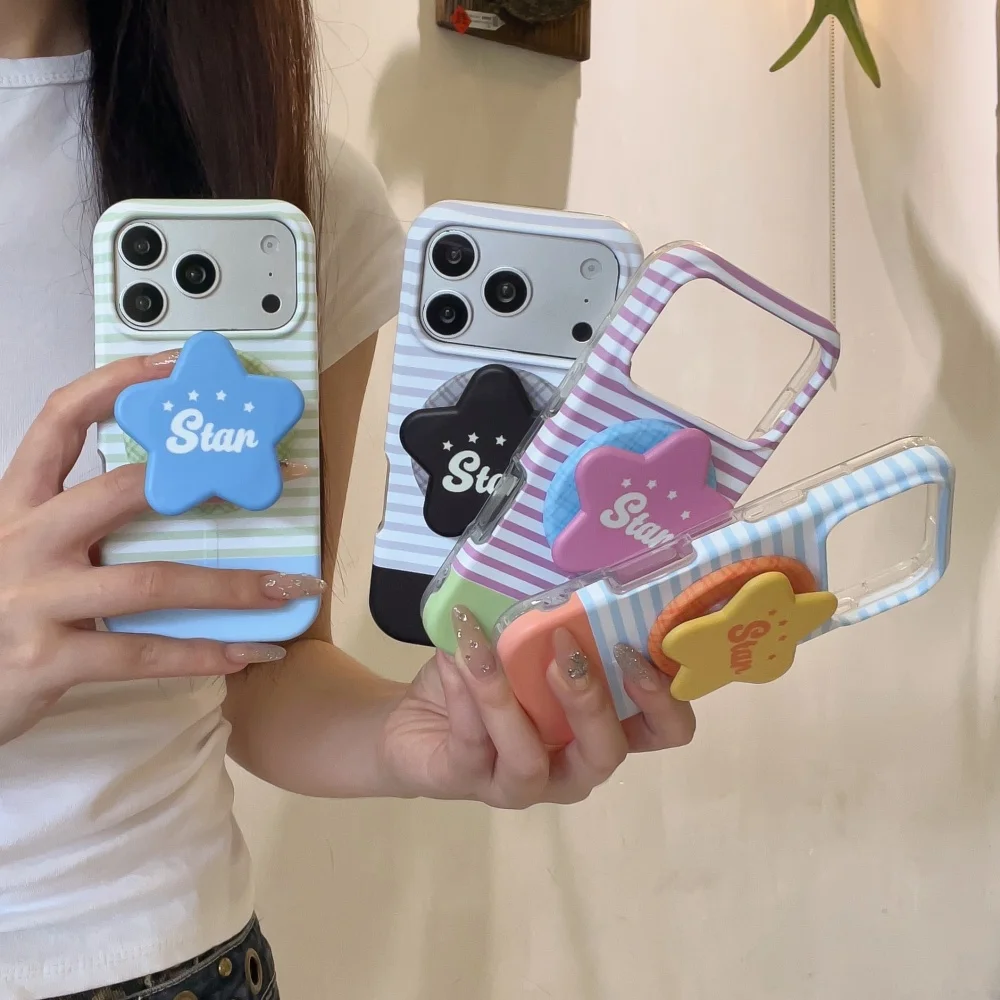 Korean Ins Color‑Blocked Striped Magnetic Phone Case Suitable For iPhone 17 Pro 15 16 17 Pro Max 15 Pro, Fashion Anti‑Fall Cover
