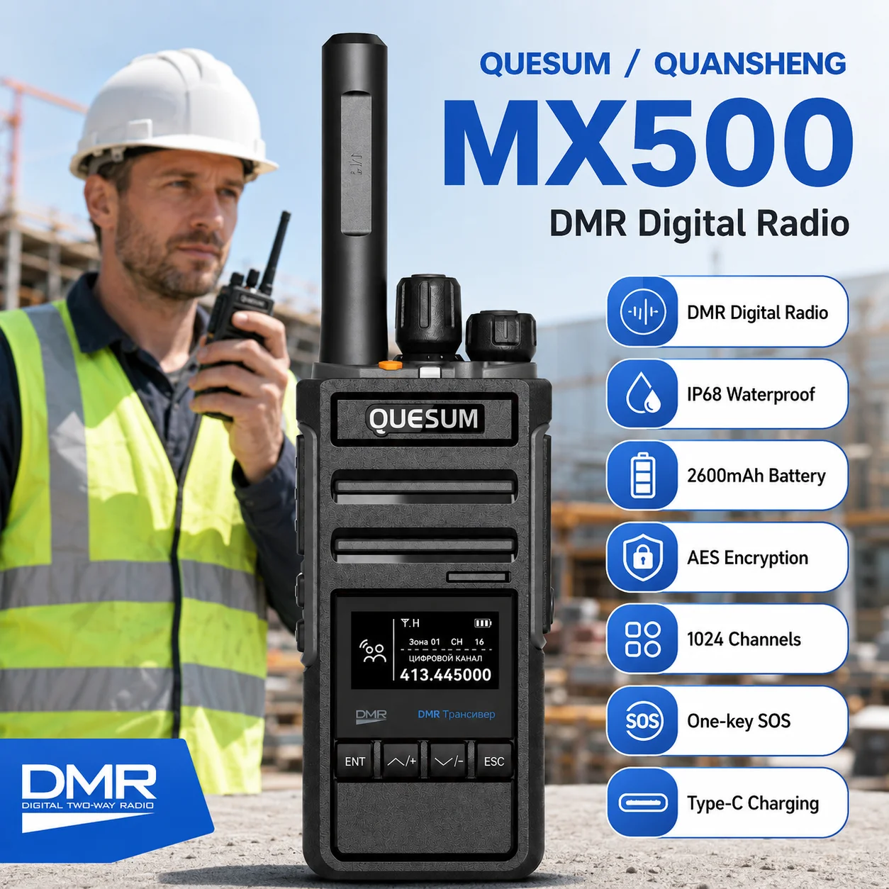 

QUESUM MX500 DMR Digital Radio IP68 Waterproof Walkie Talkie 2600mAh AES Encryption Type-C 1024CH SOS