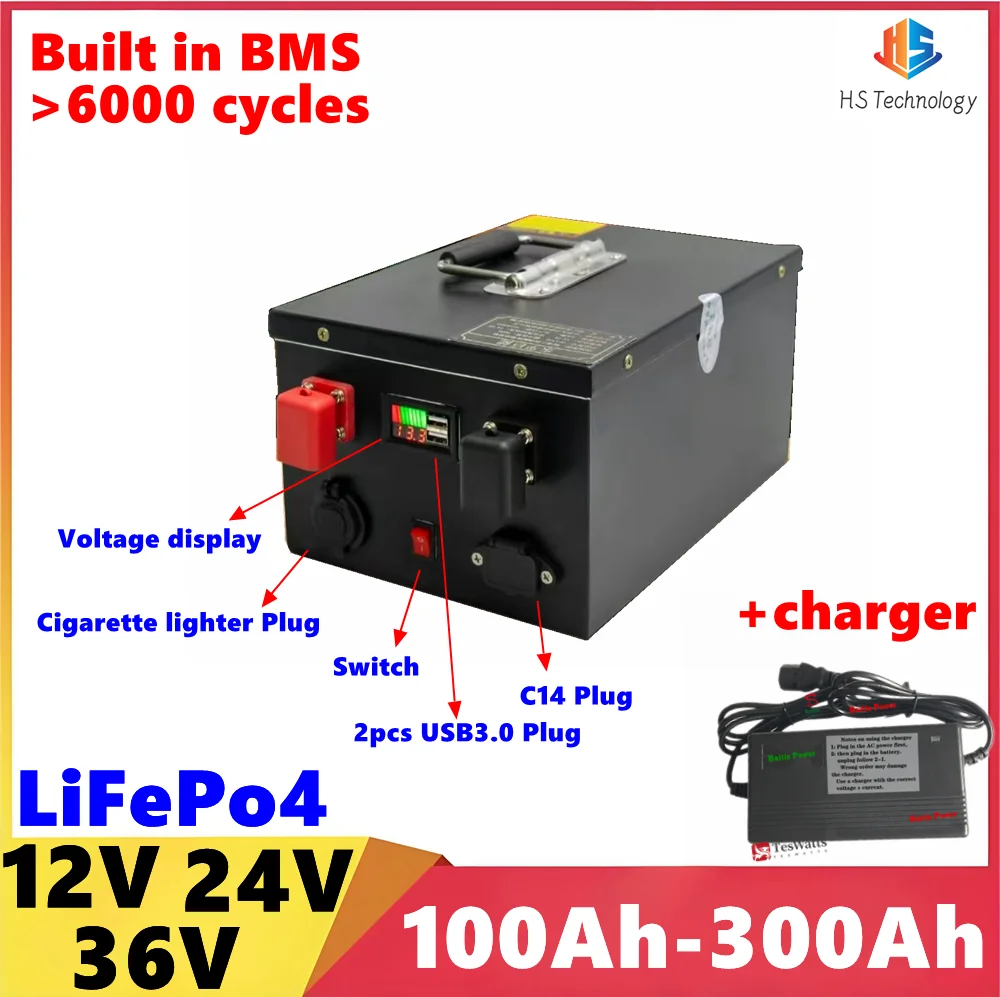 

HS LiFepo4 24V 100Ah 200Ah 12V 250Ah 280Ah 300Ah 36V 260Ah 280Ah 300Ah Lithium Battery for Trolling Motor Solar System RV Boat