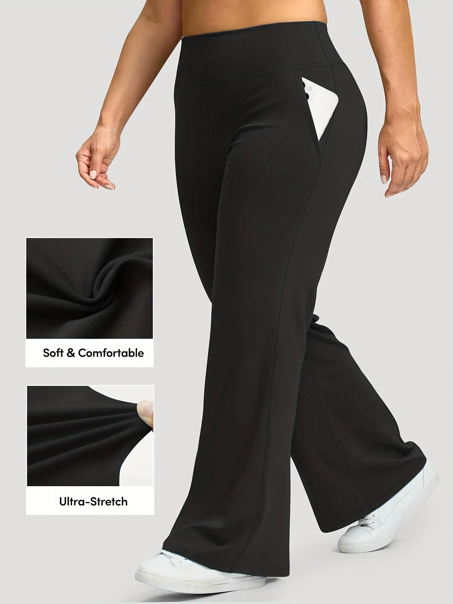 بنطال نسائي أسود عالي الخصر - بنطال دافئ مرن ناعم مع جيوب، مقاس مريح، تصميم أنيق، ملابس كاجوال