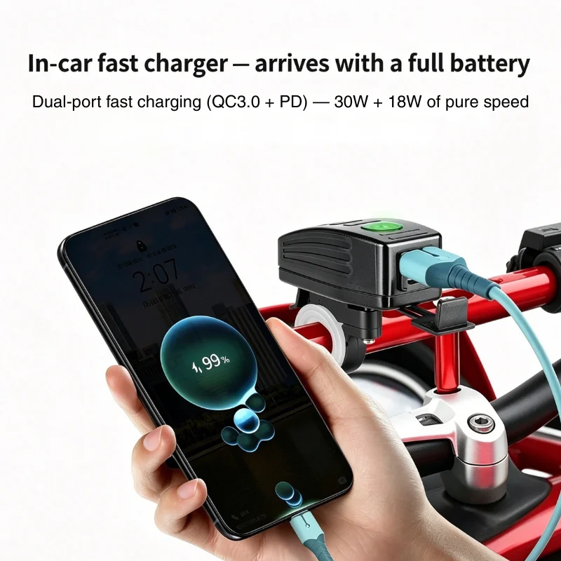 48W Motorcycle USB Charger PD30W USB C QC3.0 Dual Port Fast Charging Adapter with LED Voltmeter Handlebar Mirror Mount for 12V 2