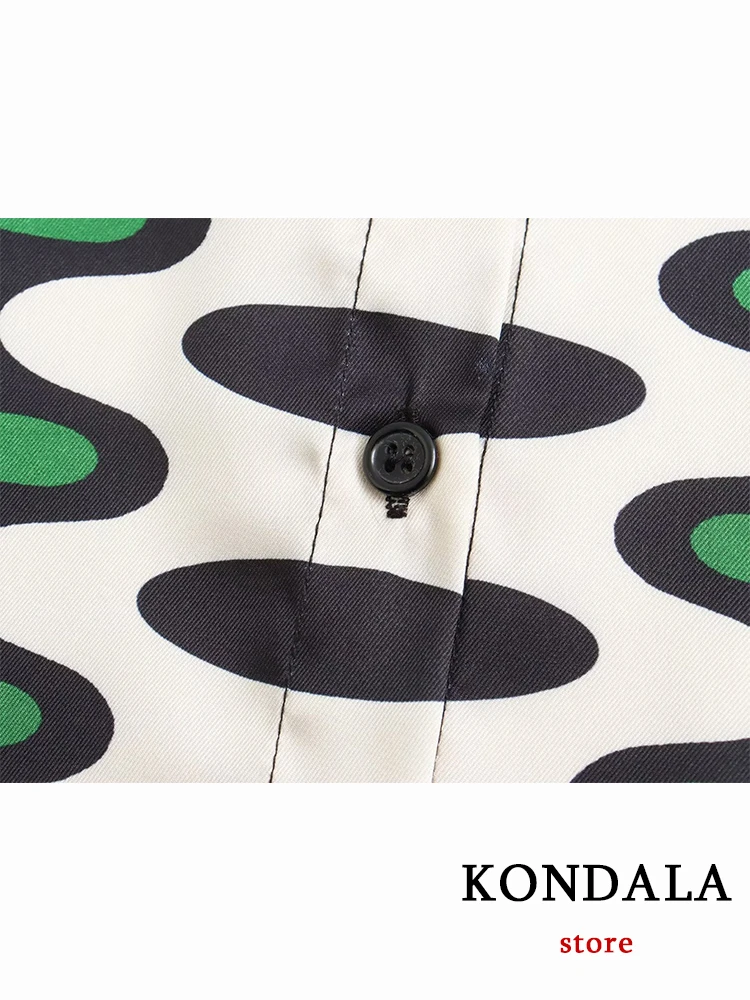 KONDALA Vintage Print Green Fashion 2023 Autumn Suit Single Breasted Pocket Loose Shirt Wide Leg Zipper Pants Women Holiday Set