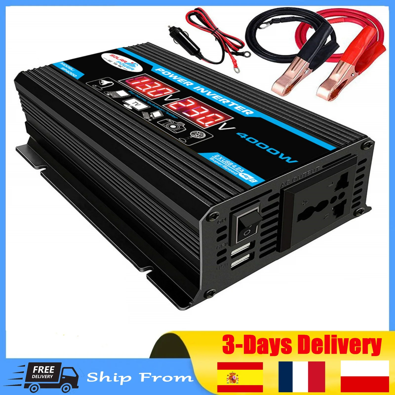 Pure Sine Wave Inverter Dual USB 12V to 220V/110V 1600W 2500W 3500W 4000W LED Car Voltage Converter Black/Yellow