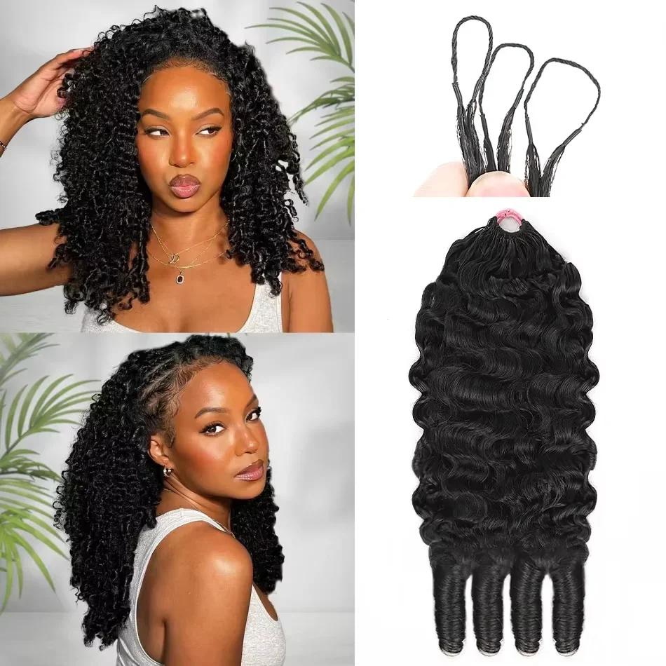 Extensions de cheveux humains bouclés birmanes au crochet, pré-bouclées, à ondulations profondes, avec nœuds miracle et effet plume