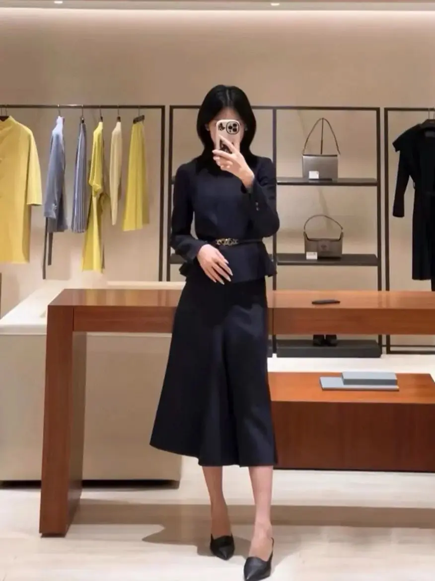 بدلة تنورة نسائية خريفية أنيقة ذات لون سادة مع حزام #3