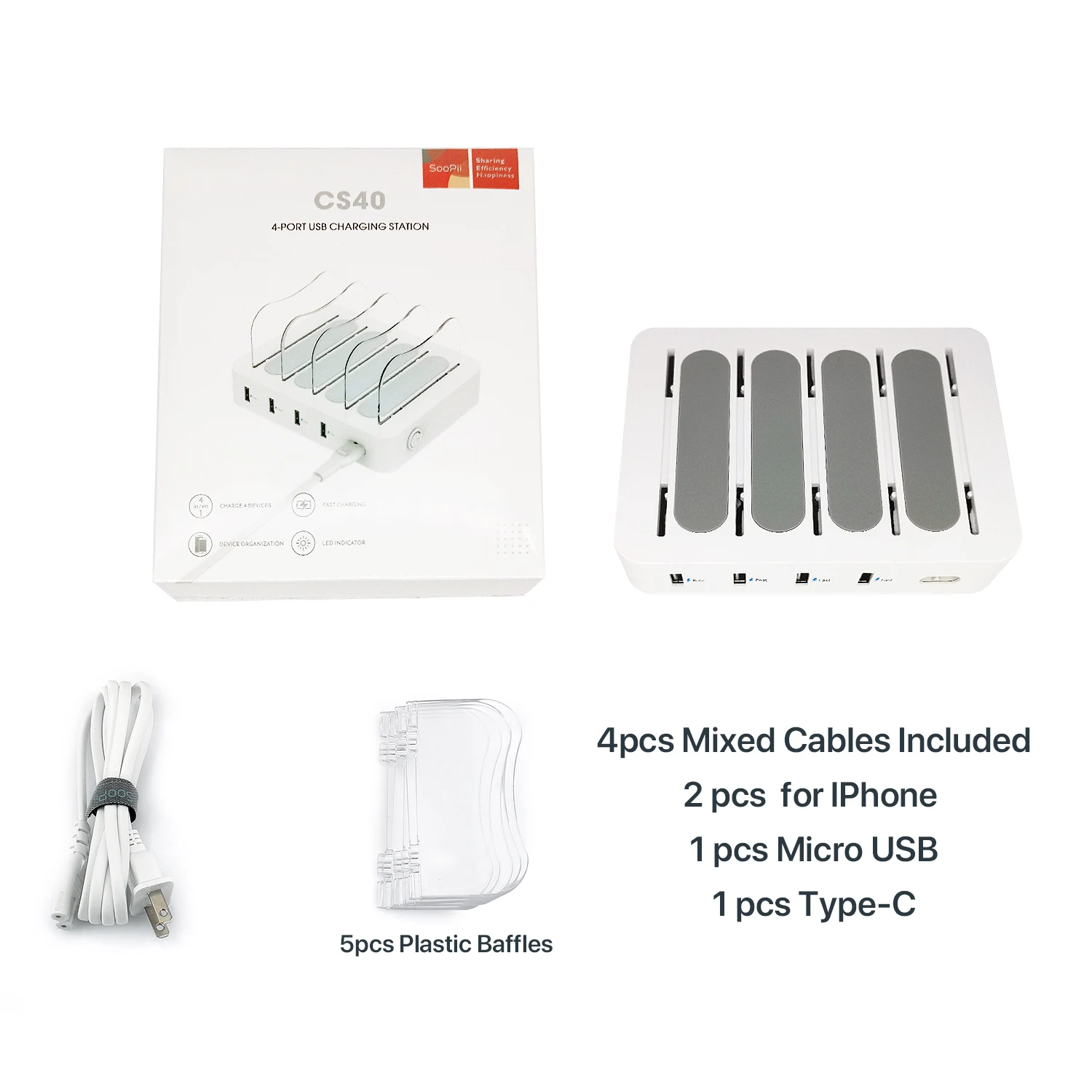 SooPii Charging Station for Multiple Devices 4-Port Charger Station with 4 Mixed Cables for Phones Tablets and Other Electronics