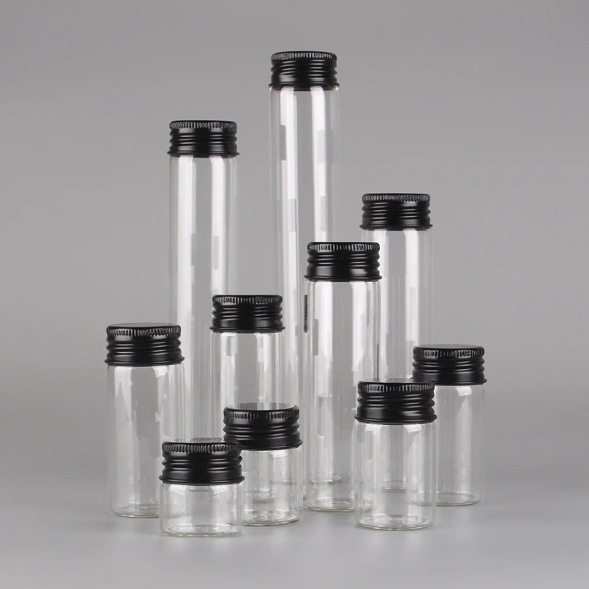 12 sztuk/partia 10ml 15ml 20ml 25ml 30ml 40ml 50ml 60ml 80ml 100ml Szklane Butelki z Czarnymi Aluminiowymi Zakrętkami Słoiki na Zioła i Przyprawy — zdjęcie 2