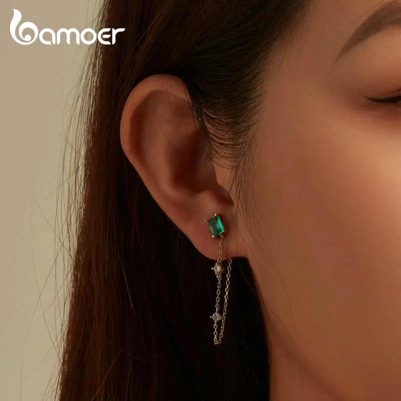 Bamoer 925 Sterling Silver Dewdrop Ear Buckles Delicate Hoop Earrings Aqua Chain Stud Ear for Women Fine Party Fine Jewelry Gift