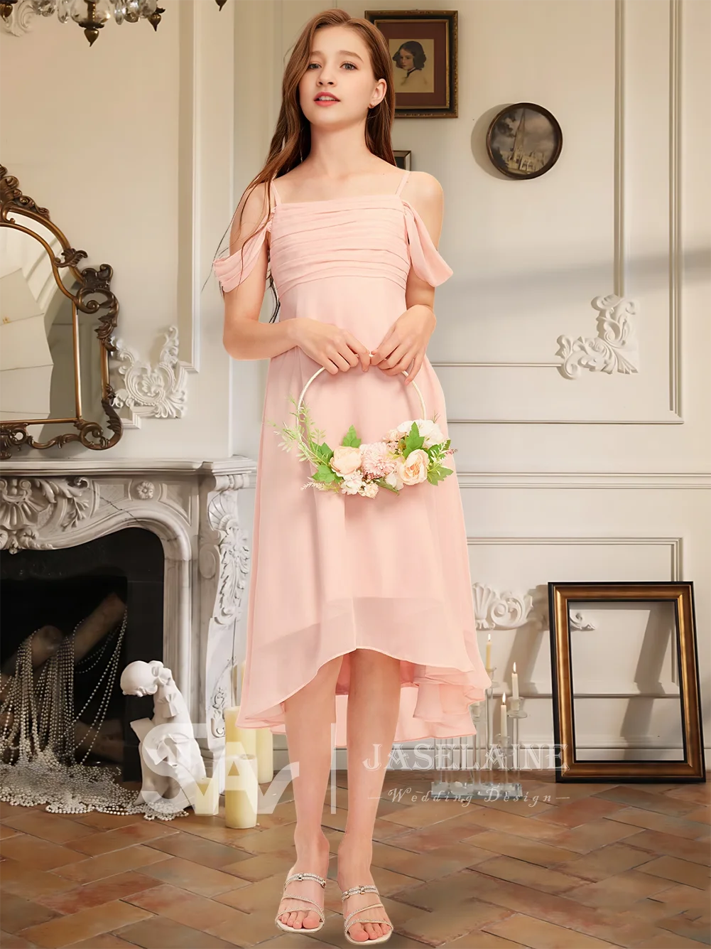 Асимметричное шифоновое платье трапециевидной формы с открытыми плечами для юных подружек невесты без рукавов с молнией сзади, платье с цветочным узором для девочек, торжественное свадебное платье