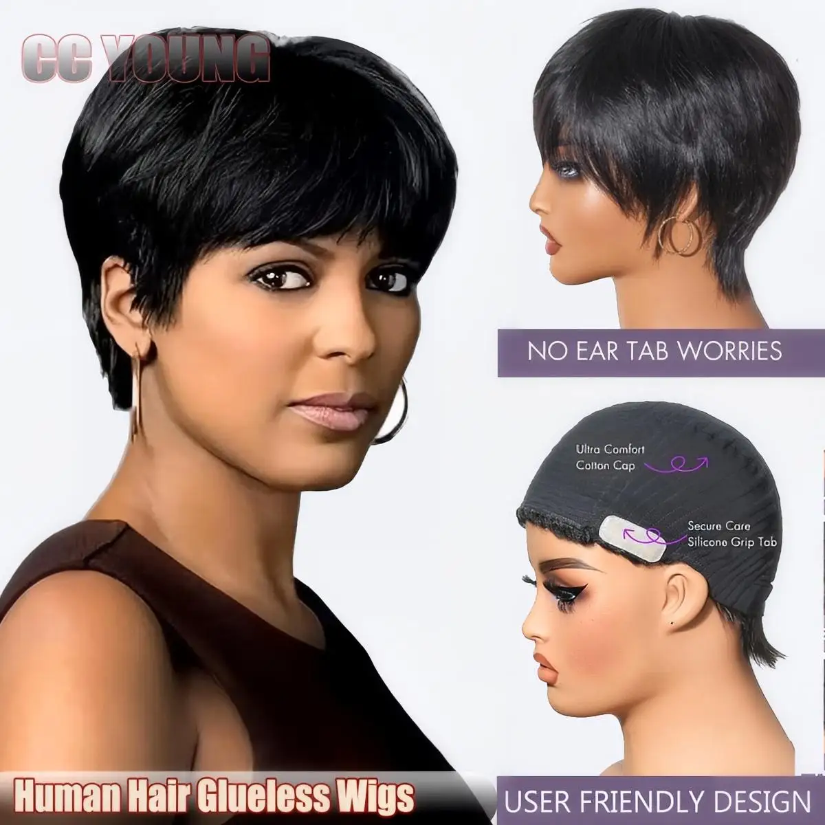 Put On&Go Pixie Cut Glueless Wigs 100% Human Hair Short Bangs Wigs Ultra Soft&Comfortable Cotton Cap Hair Trouble Friendly Wigs