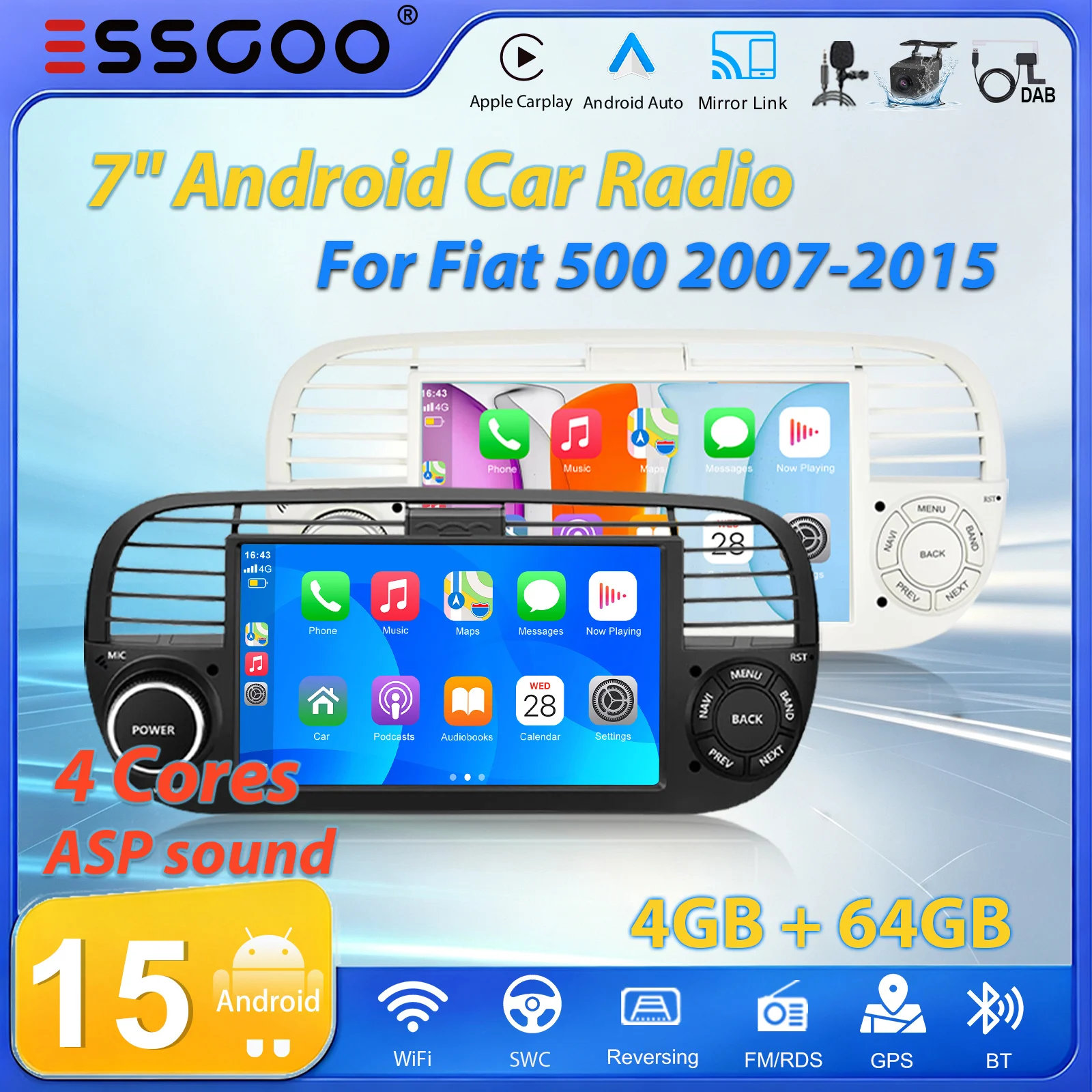 ESSGOO 7" Android 15 Autoradio 4GB+64GB für Fiat 500 500C Abarth 2007-2015, kabelloses Carplay, Android Auto, GPS-Navigation, RDS, FM, WLAN, Bluetooth, Mirror Link, Swc, Touchscreen,