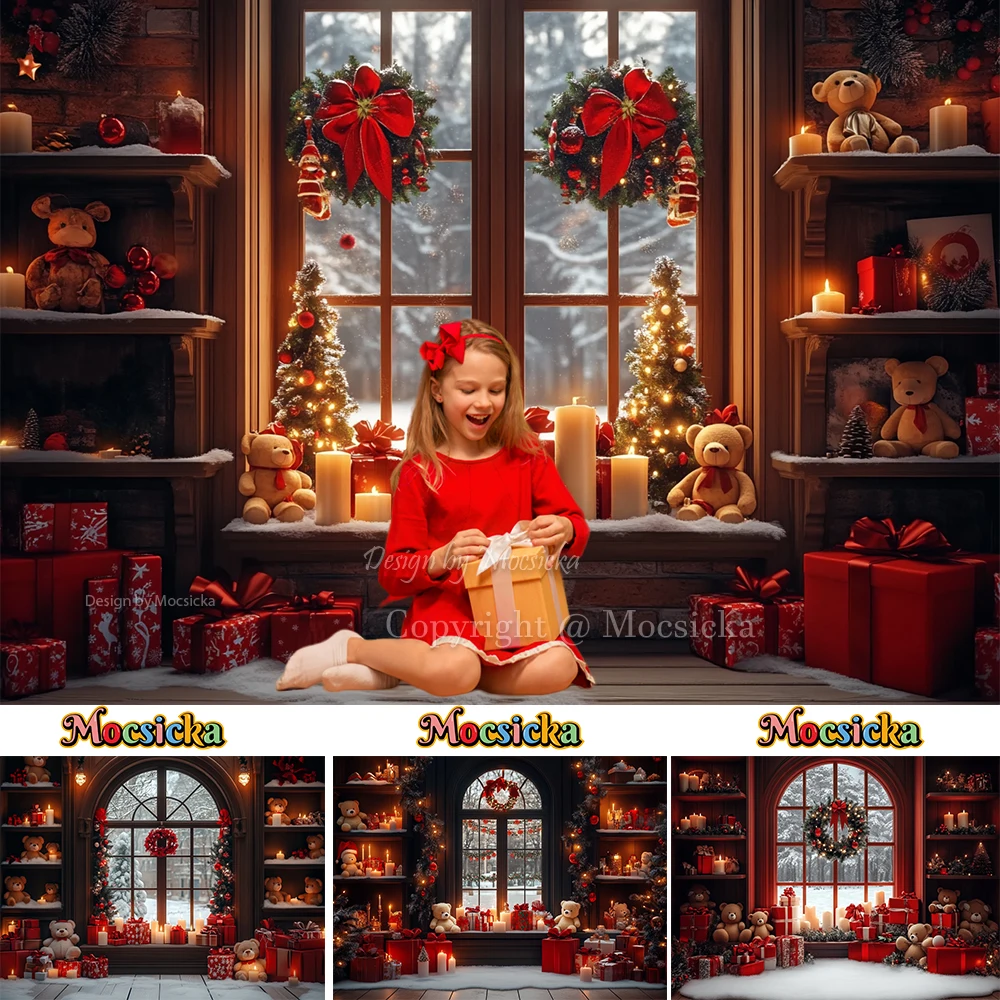 

Christmas Gift Room Background Photography New Year's Eve Teddy Bear Candle Wooden Window Backdrop Decor Kid Family Photo Studio