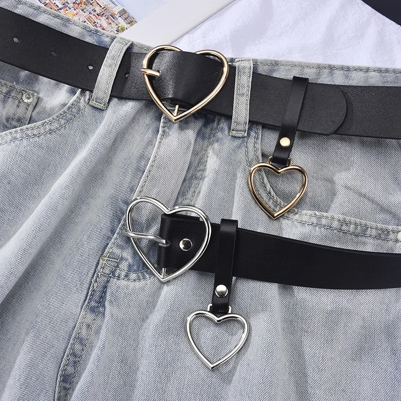 Stylish and Simple Black Belt Free Perforated Heart Faux Leather Belt Women's Waistband for Jeans Decorative Belt