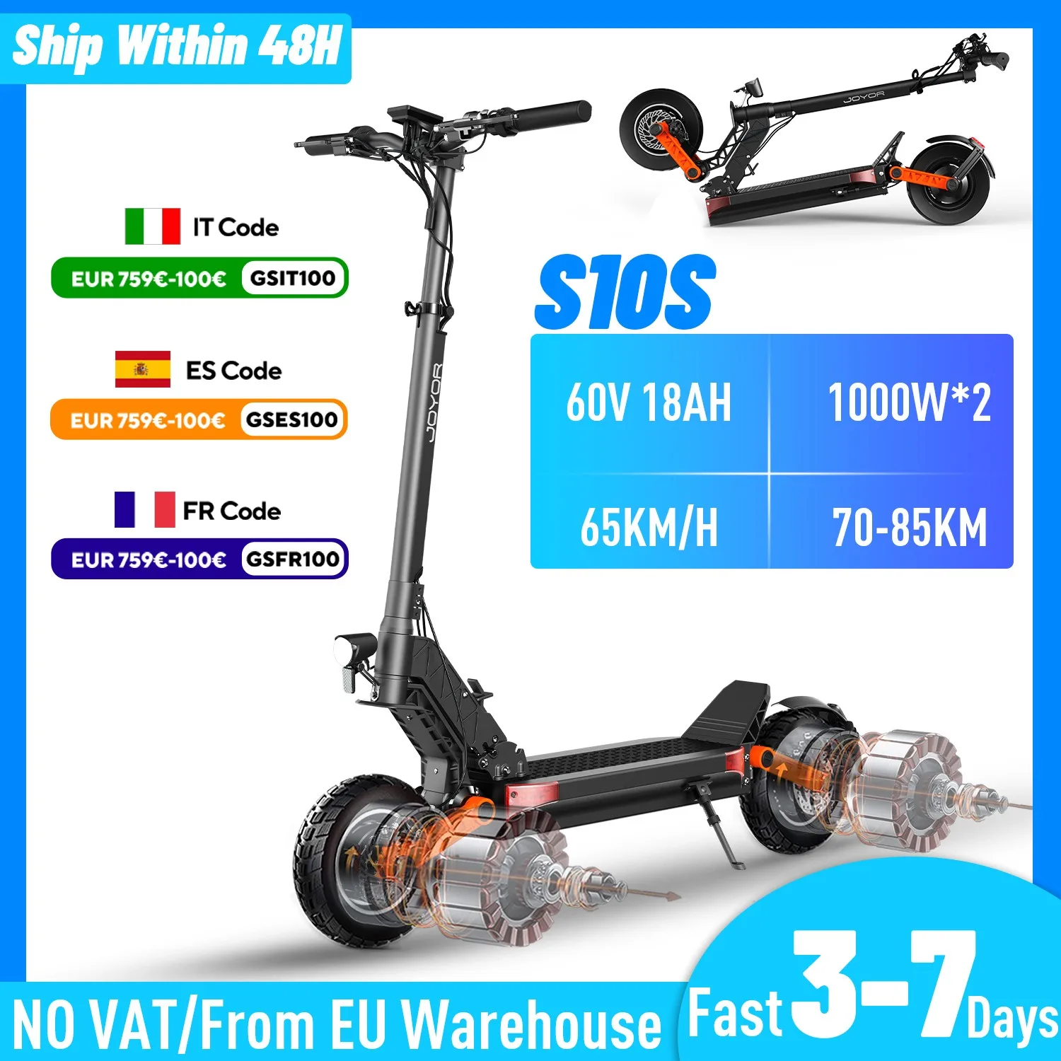 Adult electric scooters S10S, electric scooters, front and rear, 60V 18Ah electric scooters 85KM range