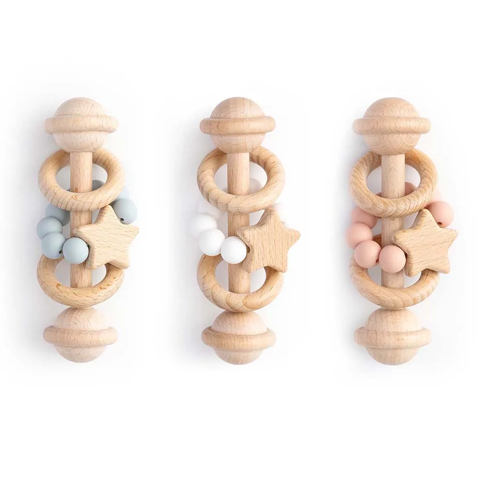 erduo Baby Wooden Rattle Natural Beech Ring Silicone Beads Montessori Grasping Teething Toy for Babies