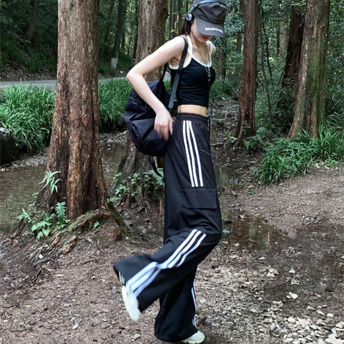 النساء Y2k واسعة الساق السراويل الترنك فضفاض الجانب مخطط ركض Sweatpants مرونة الخصر كتلة اللون المظلة السراويل مع جيوب