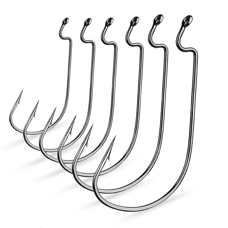 10Pcs/Lot Wide Gap Worm Fishing Hooks Jig Crank Big Bass Hook Black High Carbon Steel Crank Barbed Hook for Soft Fishing Lure — zdjęcie 2