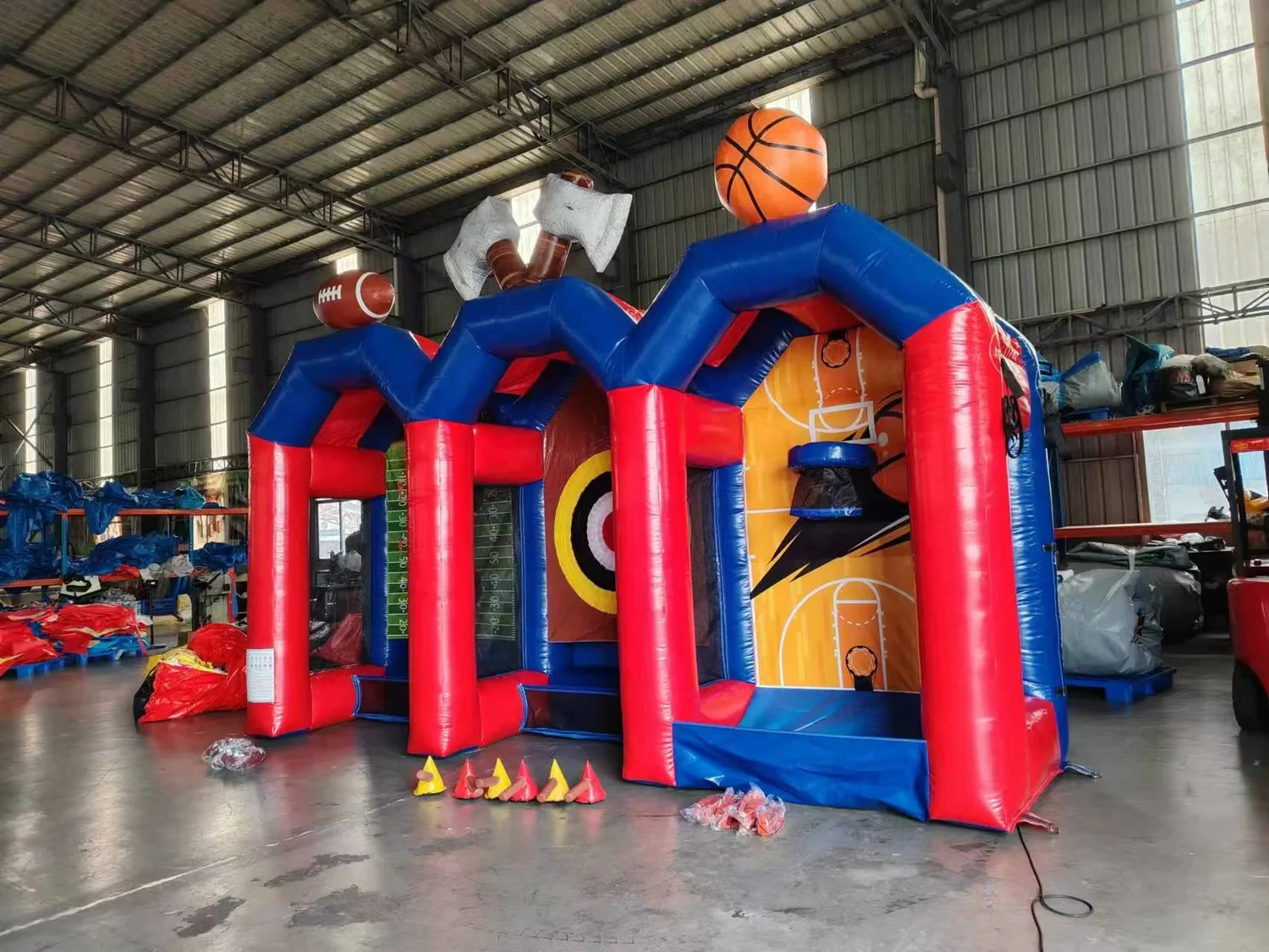 Commercial Party Rentals Inflatable 3-in-1 Carnival Game Sports Inflatable axe Throwing/Football /Basketball Shooting Game