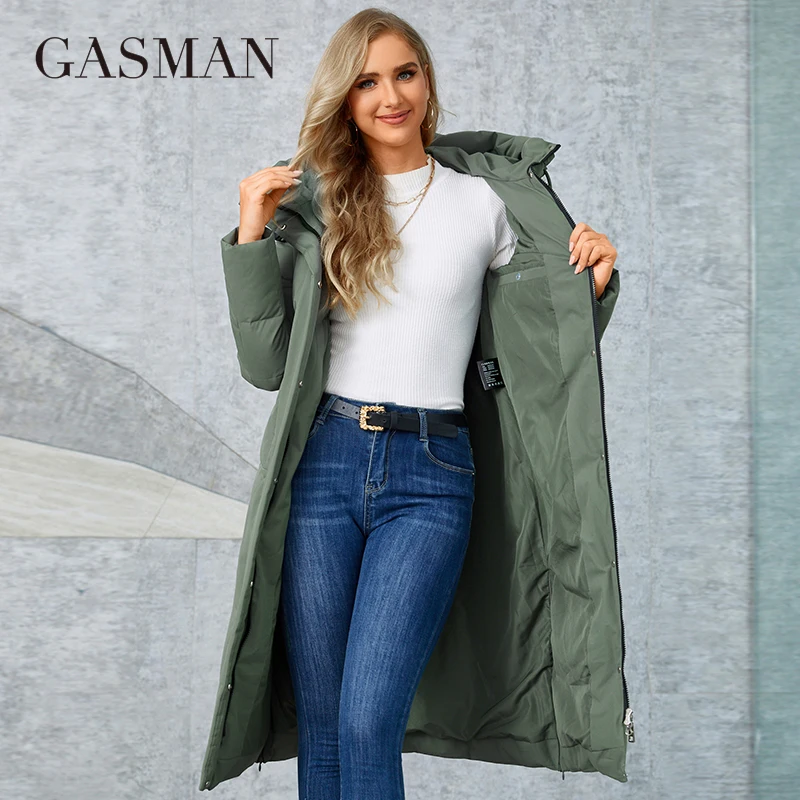 Gasman casacos de inverno das mulheres moda longa com capuz engrossado quente para baixo jaqueta casual bolso multifuncional senhoras parka GM-82257