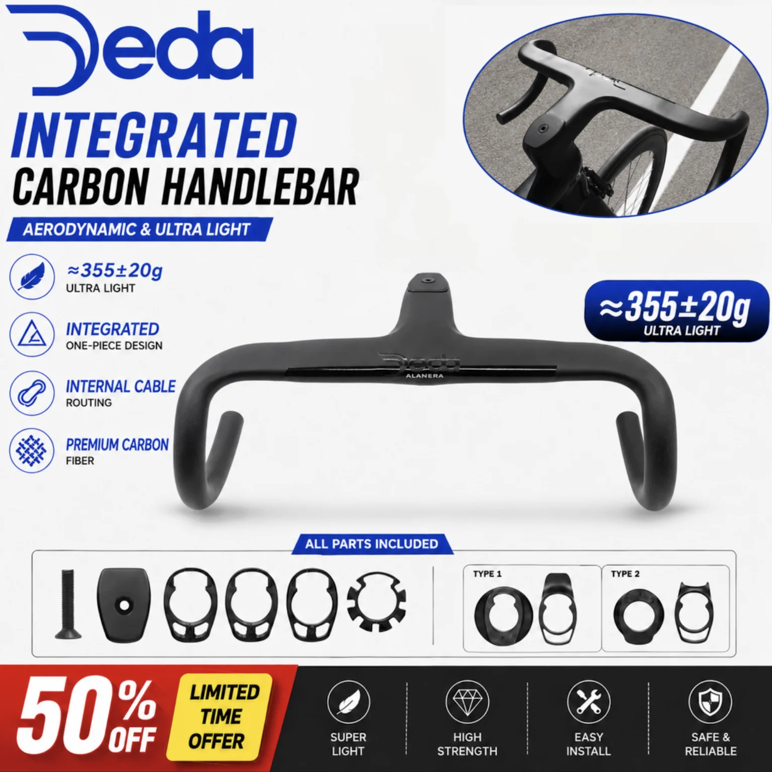 

DEDA carbon road cycling handlebar Internal Cable road carbon integrated handlebar T1000 Carbon Integrated Clip diameter 28.6mm