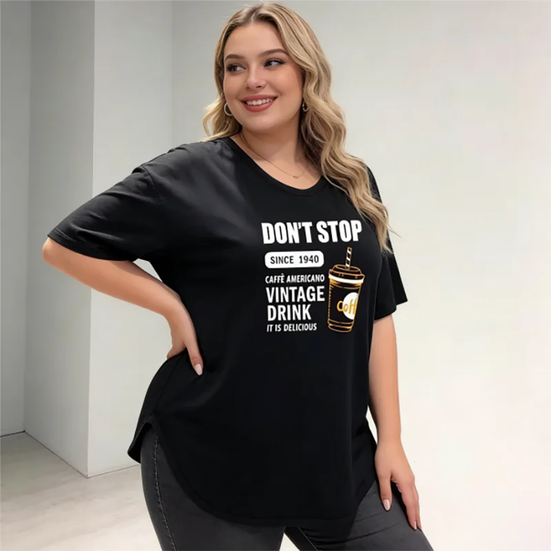 Plus size 40-150kg trendy coffee print oversized t shirt women casual loose u neck short sleeve graphic cotton summer top