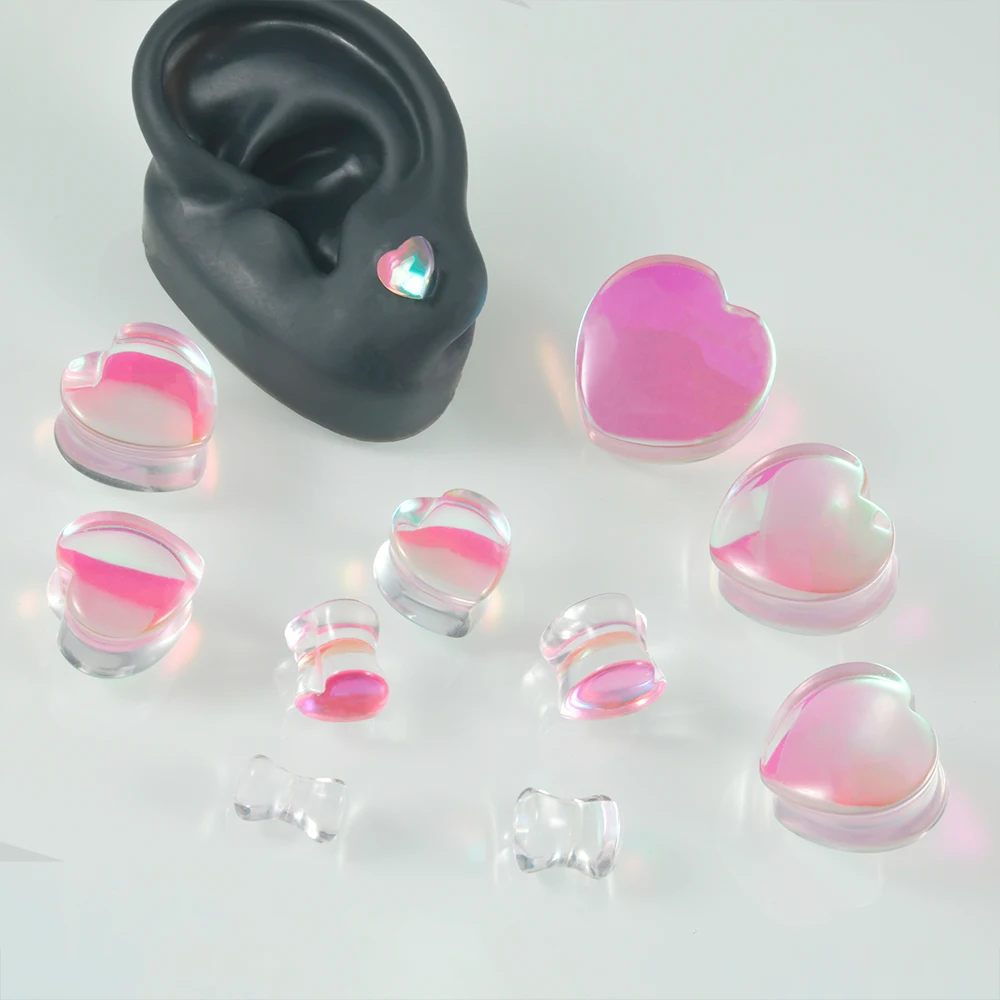 2Pcs Natural Glass Sparkle Heart-shaped Ear Gauge Tunnels Plugs Ear Expander Stretcher Body Jewelry