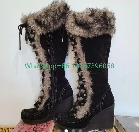 

Lady vintage style wedges heel knee boots feather punk platform boots suede lace-up side zip dress boots size 35-46 footwear