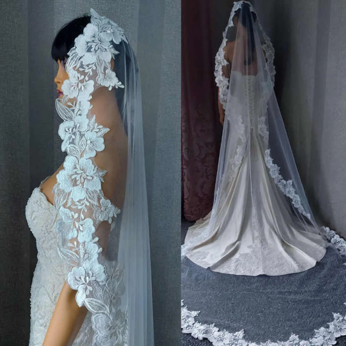 

Высококачественное кружево с жемчугом, 3D цветы, однослойная свадебная фата с аппликацией в виде собора для невесты по индивидуальному заказу