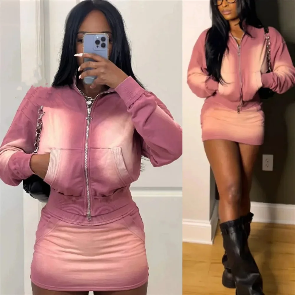 FAGADOER Pink Tie Dye Print Two Piece Sets Women Outfits Fashion Zip Pocket Long Sleeve Crop Top And High Waist Skirts Clothing — zdjęcie 2