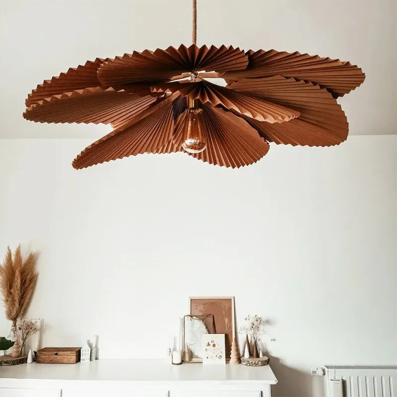 Wabi Vintage braun Papier Fan Blatt Kronleuchter führte E27 Beleuchtung warmweiß Schlafzimmer dekorative kreative Kunst Kupfer Leuchte Lampe