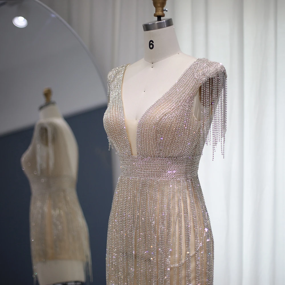 Sharon Said encantador vestido de fiesta de sirena con cuello en V desnudo con borla Mini vestidos de fiesta de noche cortos RM043 personalizado