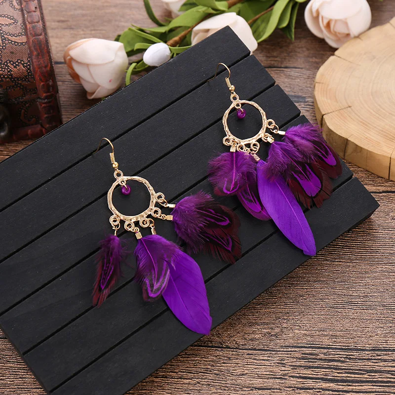 Bohemian Ethnic Round Green Rice Bead Feather Earrings for Women Retro Simple Temperament Dangle Earrings Party Wedding Jewelry