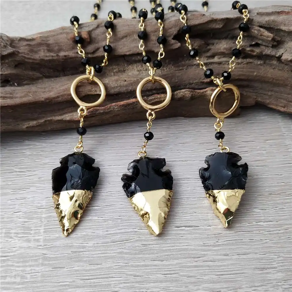 

FUWO Natural Obsidian Arrow Neckace, Healing Crystal Piont With 16/18Inches Black Beads Winding Chain Jewelry NC095 5Pieces/Lot