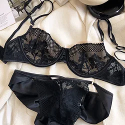 Ultra-thin soft steel ring underwear set sexy and comfortable lace bralette big chest bra mesh large size lingerie panty