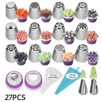 27PCS Cake Russische Piping Nozzles Set Professionele Rvs Marshmallow Gebak Nozzles Met 10PCS Wegwerp Spuitzakken