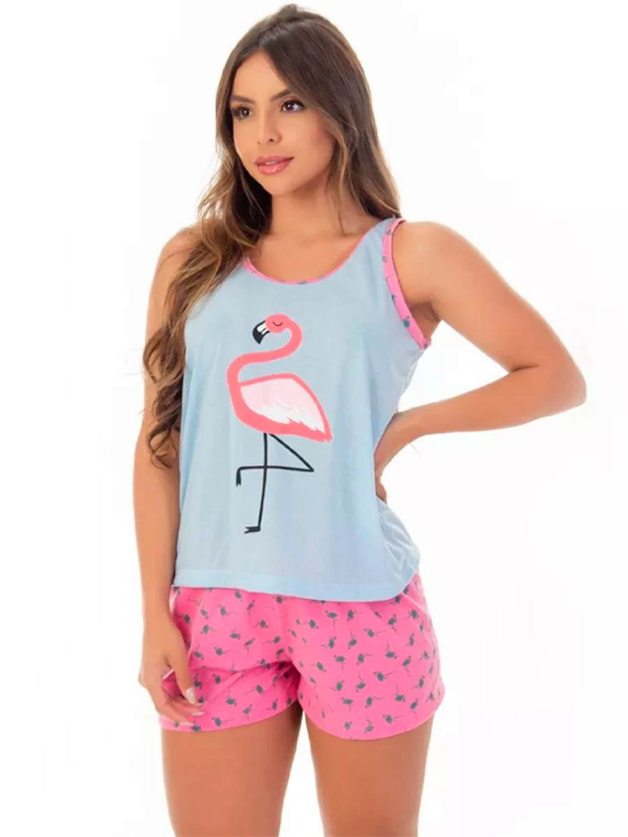 Pijama Flamingo Regata Baby Doll de Dormir Personagem Flamingo Short Manga Curta