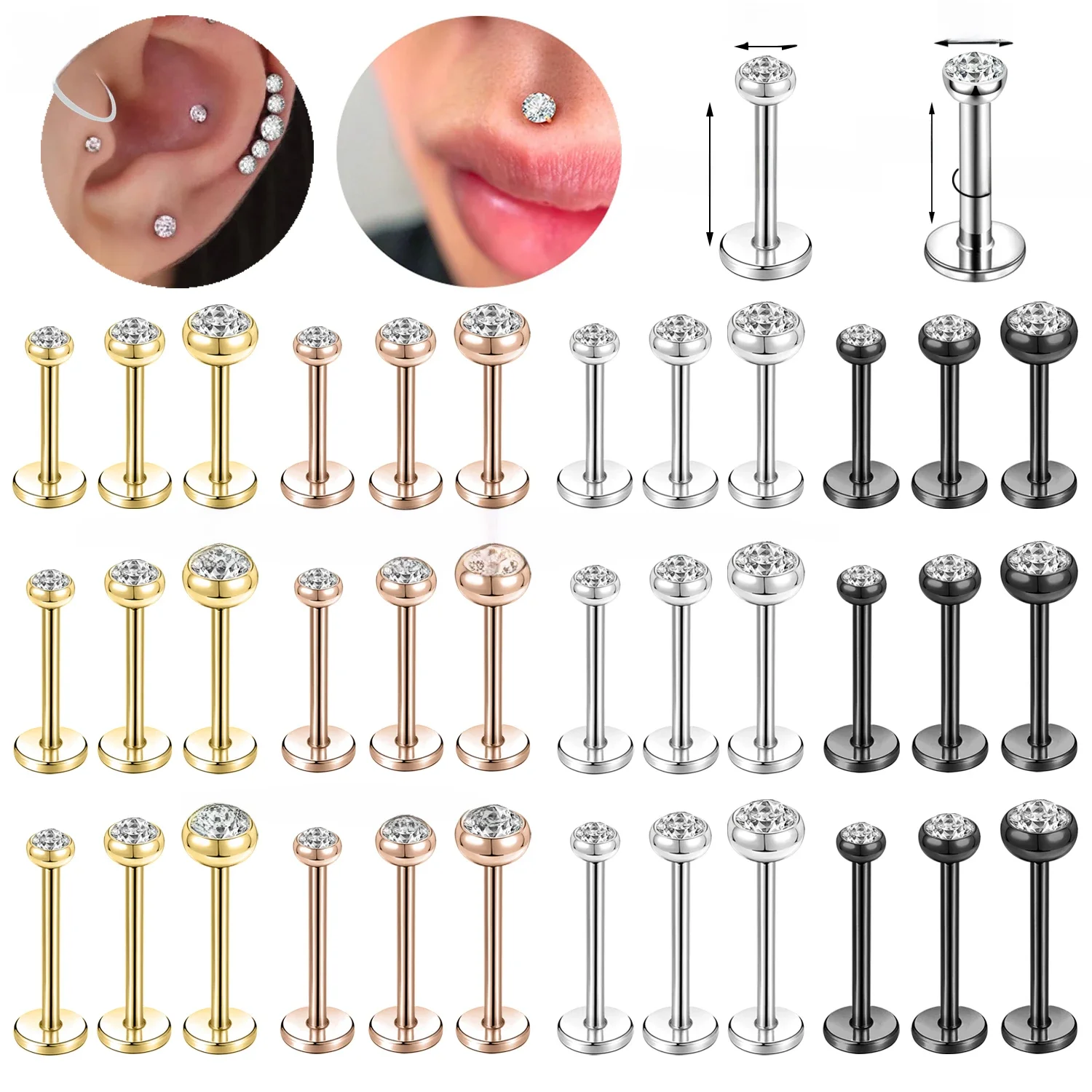 ZS 10 Pçs/lote Cor Dourada 16/18G Aço Inoxidável Labret Lip Piercing Homens CZ Cristal Orelha