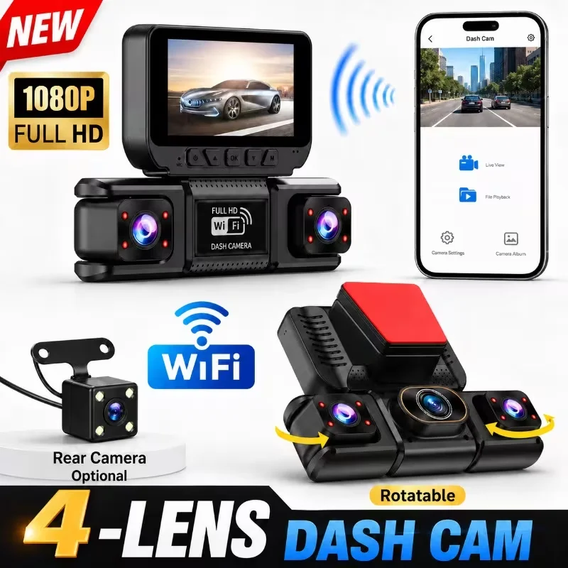 360° Panoramic WiFi Dash Cam｜1080P+720P Multi-Lens｜Optional Rear Cam｜Night Vision｜Loop Recording｜24H Parking Monitoring