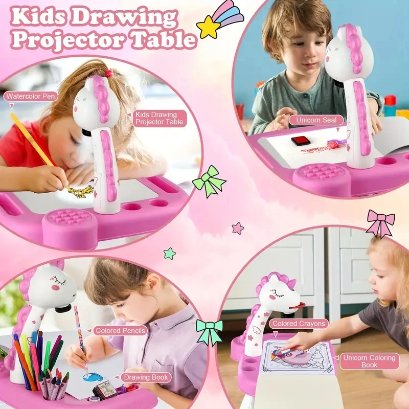 Unicorn Projection Drawing Board, suitable for children over 3 years old to learn drawing, drawing board with music projection.