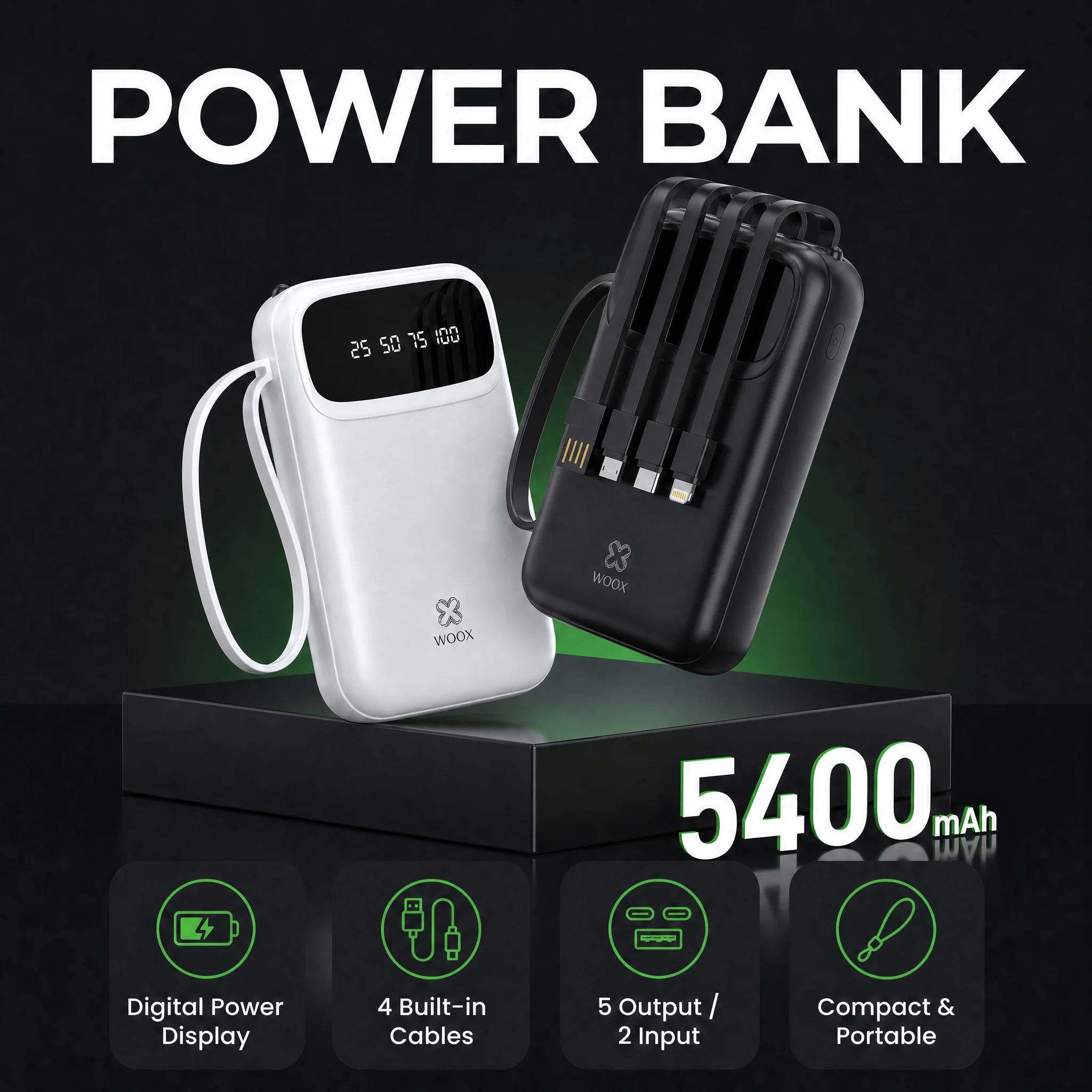 Batteria esterna Woox da 5400 mAh (confezione da 2), include cavo, batteria esterna portatile, compatibile con iPhone, Samsung e Xiaomi, disponibile in nero e bianco, ideale come regalo di Natale.