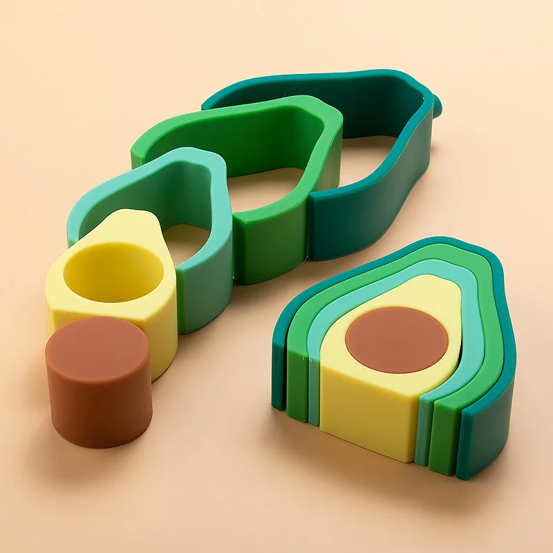 Silicone Stacking Toys Baby Building Blocks Fruit Nesting Design Bpa Free Soft Silicone Stickers Stacking Block Rubber Teething