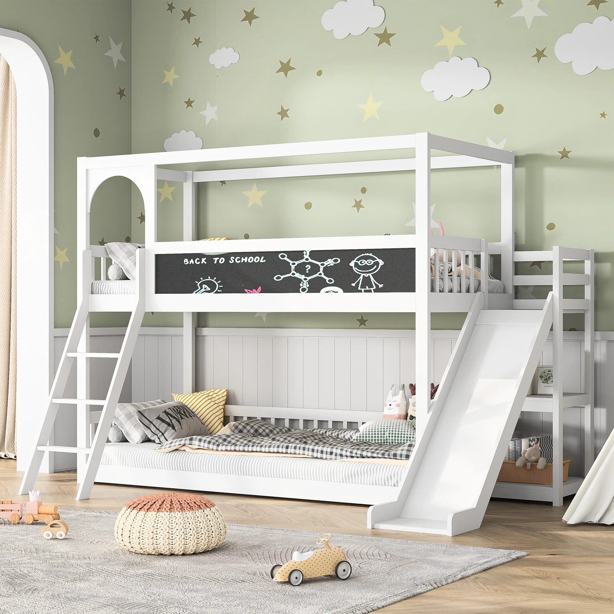 90x200cm Double bed with stairs and slides, bed with fence, bed with children's chalkboard, environmentally friendly solid wood