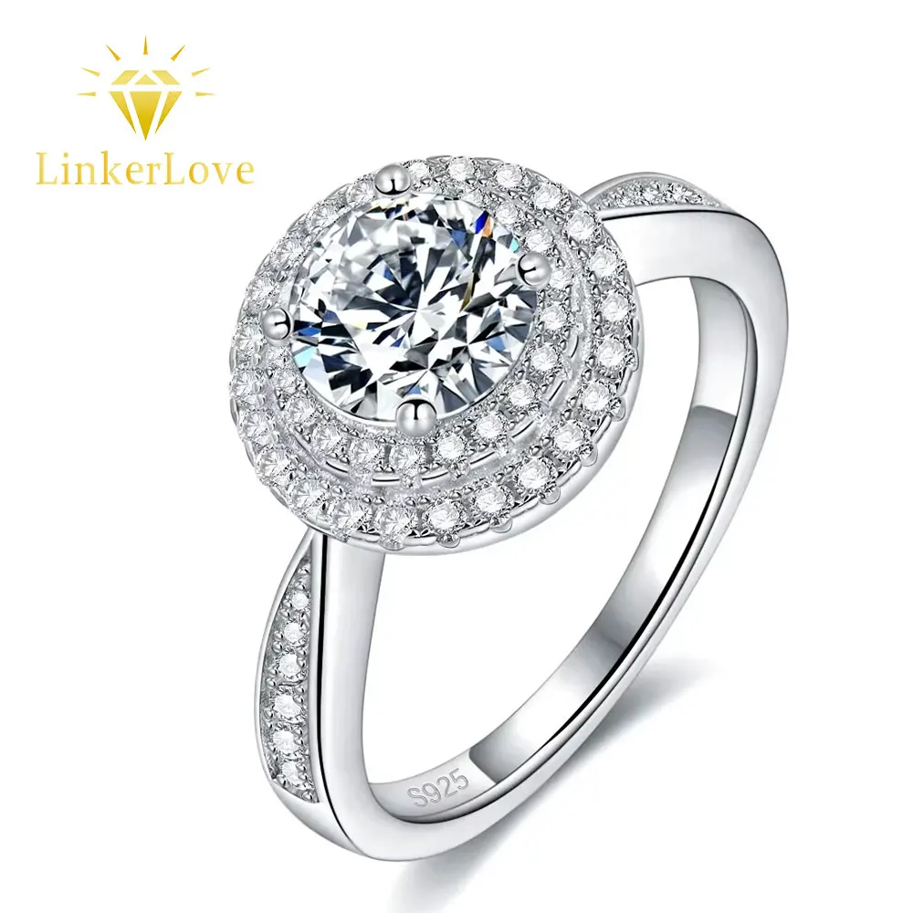 LinkerLove Dual Halo Round Moissanite Solitaire Ring S925 Sterling Silver 1CT Diamond Engagement Ring for Womens Fine Jewelry