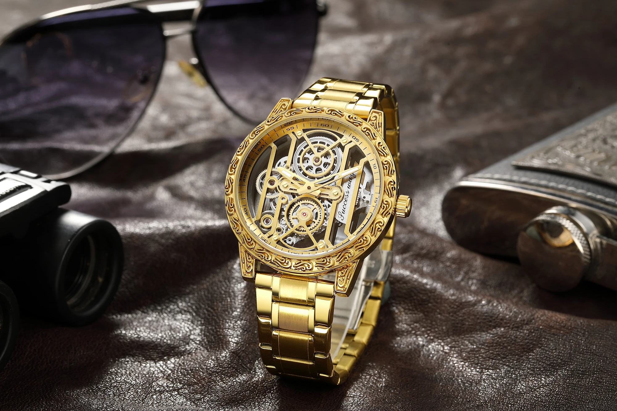 Top Men Gold Watches quartz Watch Male Skeleton Wristwatch Stainless Steel Band Luxury Brand Sports Design