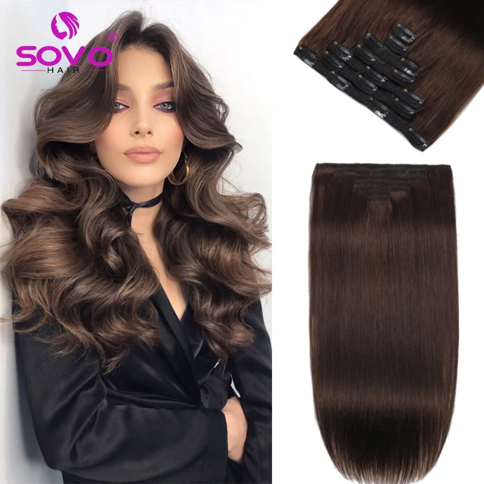 Clip nell'estensione dei capelli 100% capelli umani Remy marrone scuro 7 pezzi Clip-On pezzo di capelli testa piena 18-24 pollici 100 grammi per la fornitura del salone