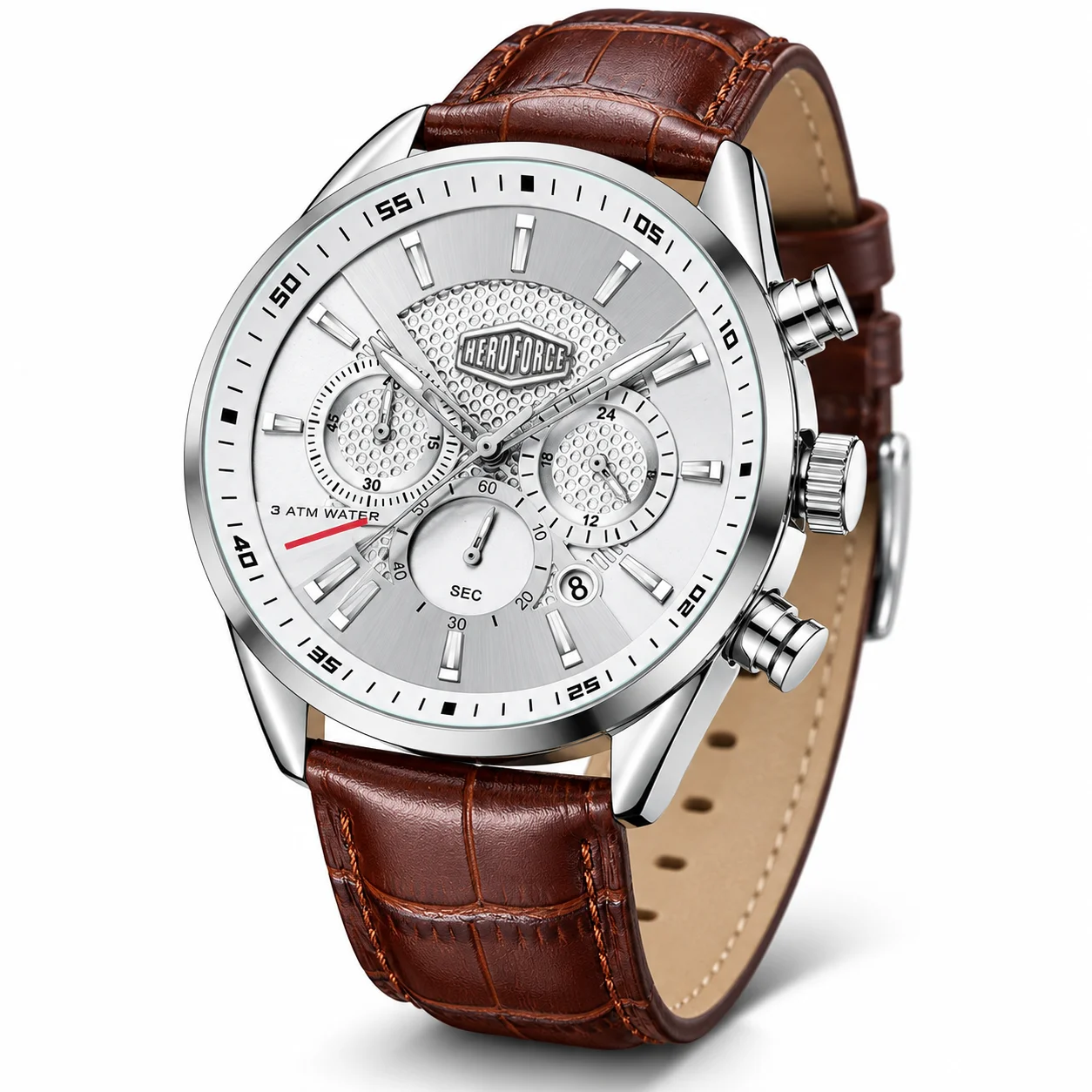 HEROFORCE Men's Silver Elegant Wristwatch, Genuine Cowhide Leather Band, Multi-Function Chronograph, Luminous Dial with Date Window