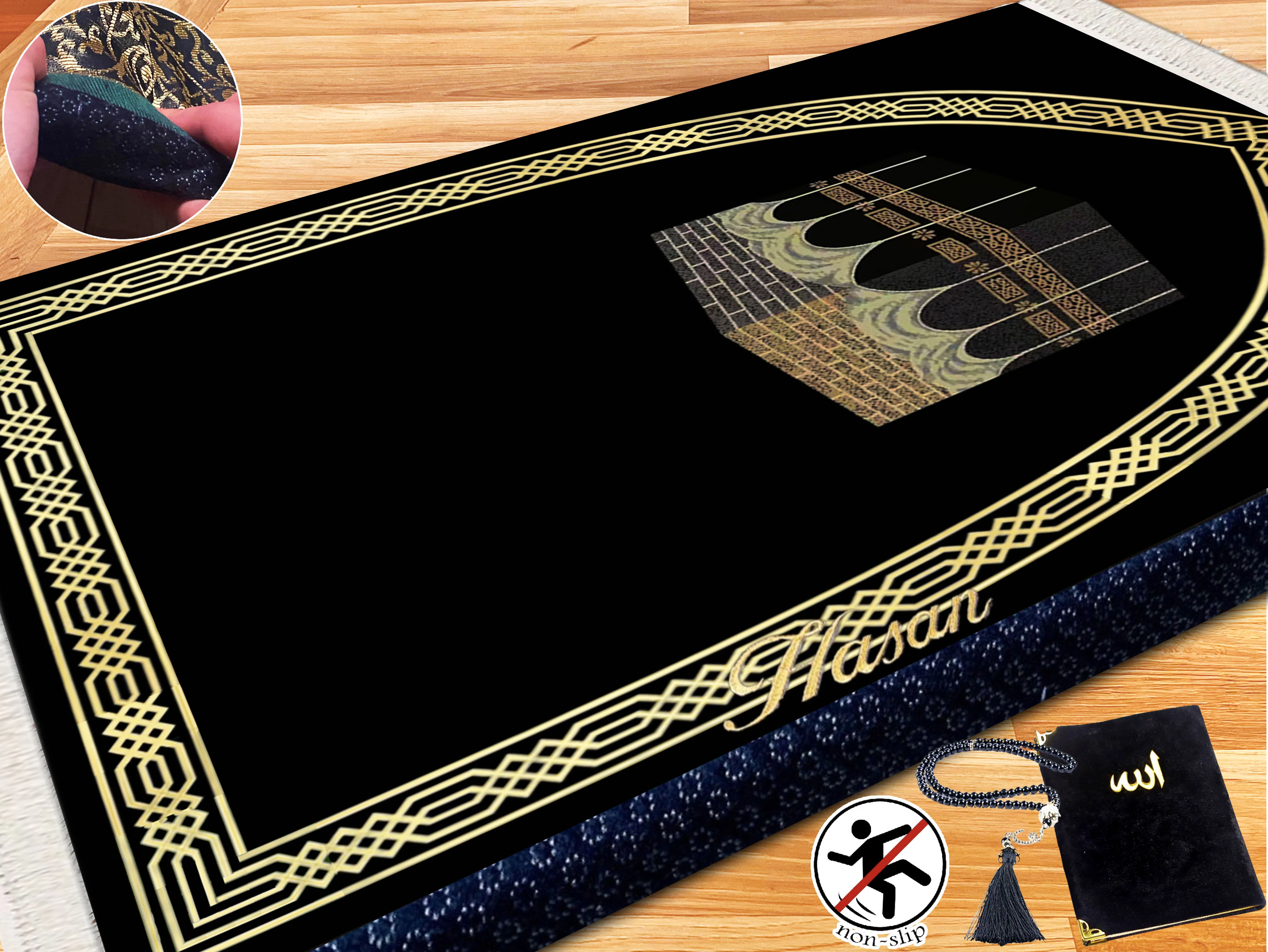 

Extra Thick Foam Padded Turkish Kaaba Gold Black Prayer Rug, Yaseen, Soft Praying Mat Carpet & Pearl Tasbeeh, İslamic Gift Set