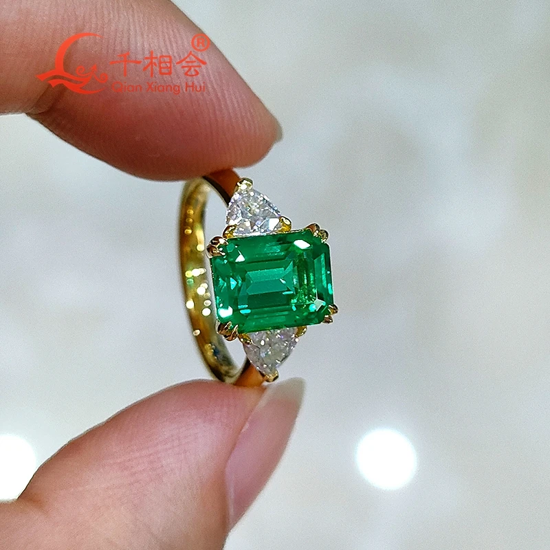 10k 14k 18k white yellow  7*9MM emerald green color emerald ring  with trillion moissanite for Wedding Engagement Party Gifts